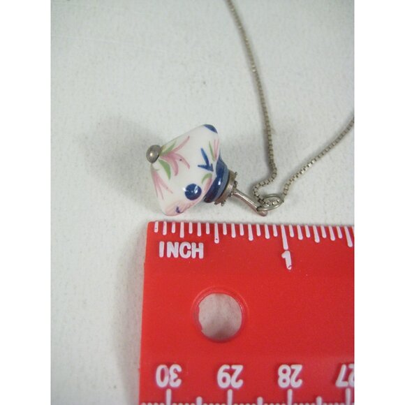 Italian Sterling Silver 925 Hand Painted Ceramic Pendant Necklace 19 in Chain - Picture 3 of 10